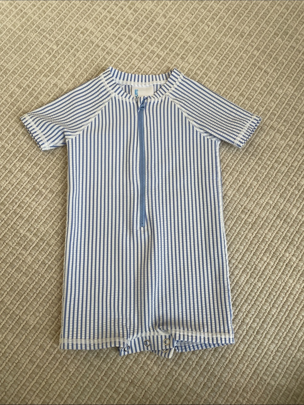 Striped Blue & White Zip-Front Kids Rashguard Swim Suit